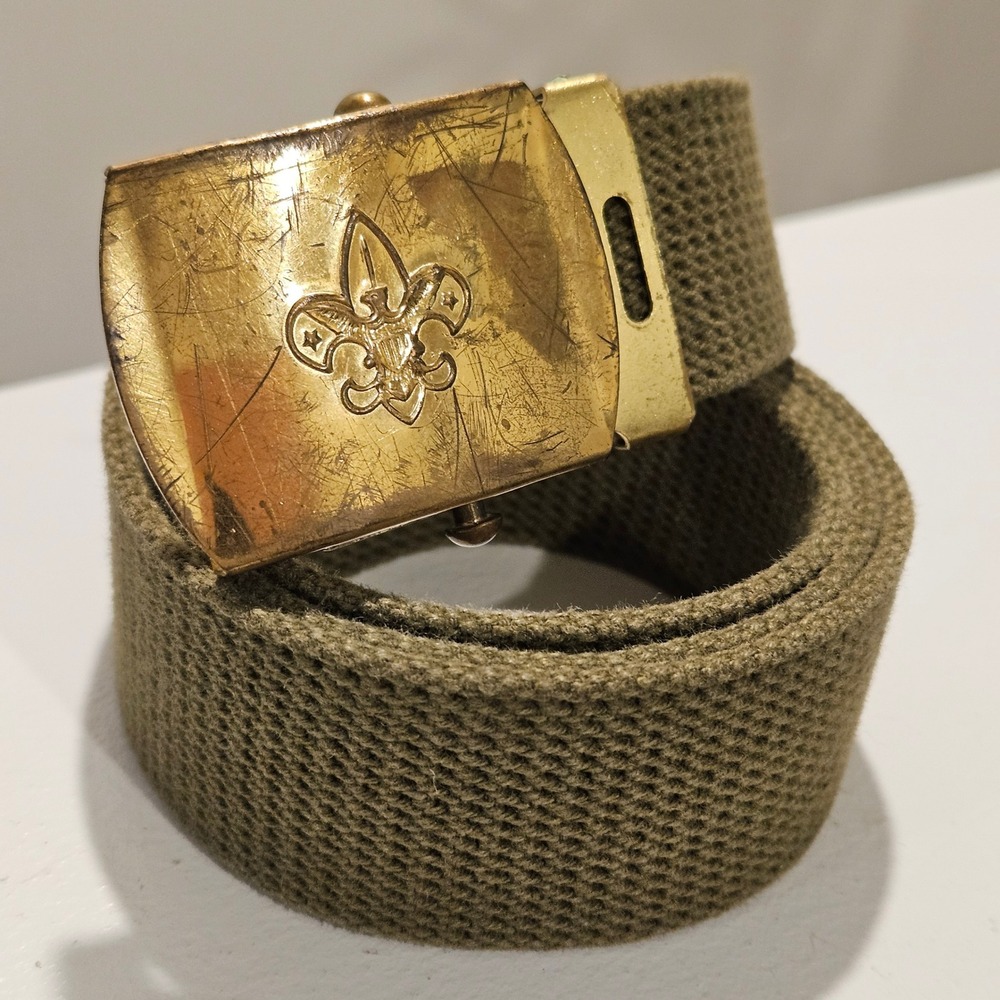 Vintage Boy Scouts of America Belt Green Canvas Brass Buckle BSA 33" Scoutcore